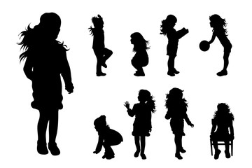 Vector silhouette of collection of girls in different pose on white background. Symbol of child, children, friends, school, student, nursery, childhood.