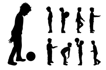 Vector silhouette of collection of boys in different pose on white background. Symbol of child, children, friends, school, student, nursery, childhood.