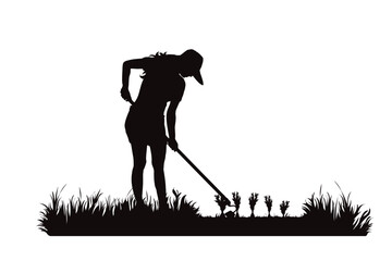 Vector silhouette of gardener works on garden. Symbol of girl, tool, work, people, field, farm, care.