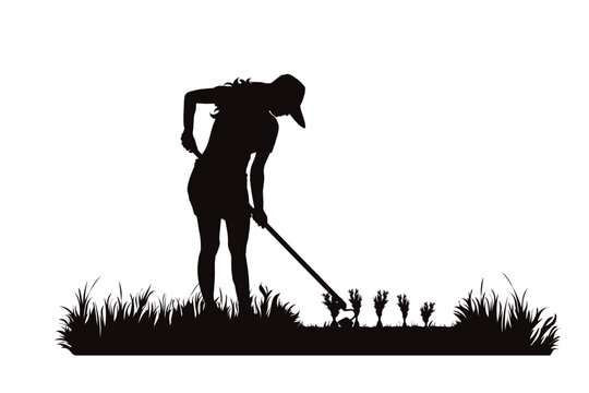 recommend clip art: Vector silhouette of gardener works on garden. Symbol of girl, tool, work, people, field, farm, care.
