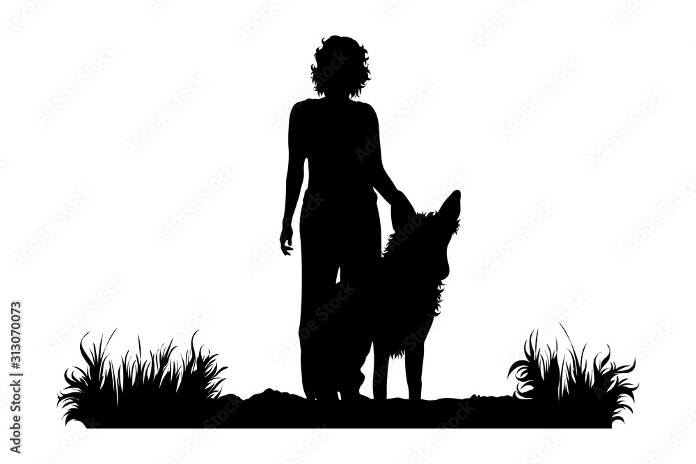 Poster vector silhouette of woman who standing with her dog on the path on white background. symbol of girl