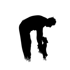 Vector silhouette of man who playing with his dog in the grass on white background. Symbol of pet, animal, game, nature, park, garden.