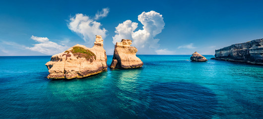 View from flying drone. Panoramic summer view of popular scenic spot - Le Due Sorelle, Torre...