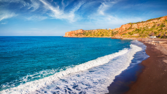View from flying drone. Sunny spring view of Torre Conca beach. Amazing morning seascape of Mediterranean sea. Attractive outdoor scene of Sicily, Italy, Europe.
