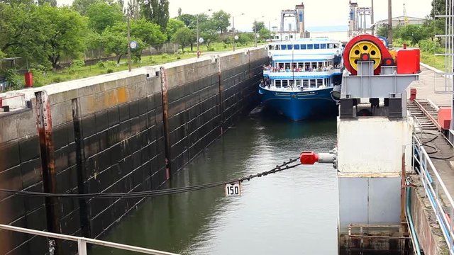 Cruise ship locks on the Dnieper river, Ukraine. Svetlovodsk city. Exit of cruise ship From Sluice. Persenbeug sluice on the  Dnieper river, Ukraine. The sluice door opens.  slowly motion.