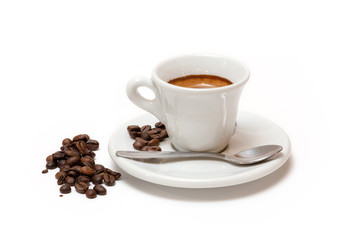 Cup of coffee with milk and toasted coffee beans