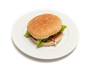 Hamburger on a plate with an isolated white background