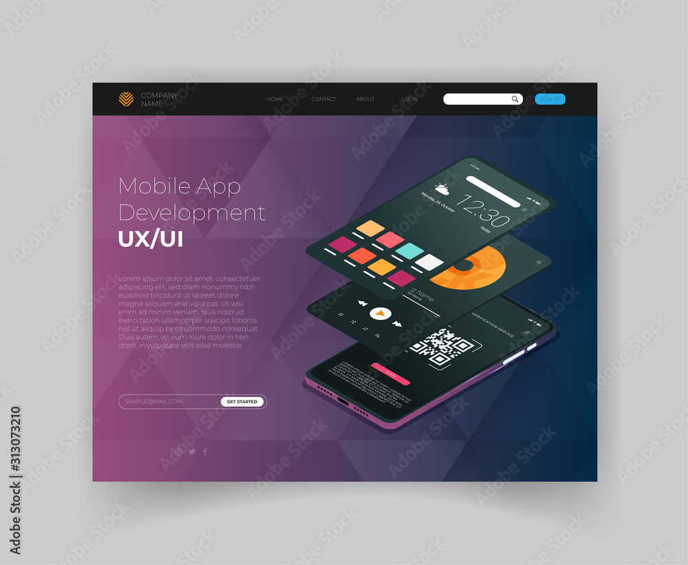 Poster mobile application interface flat vector landing page