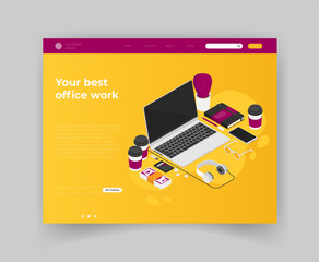 Isometric vector art creative office, workplace. Landing page