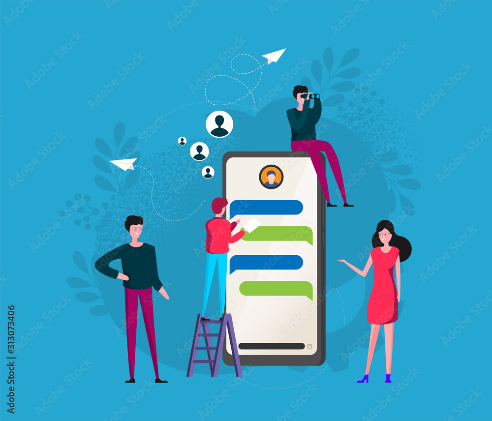Poster mobile application development concept illustration with teamwork programmers and mobile phone