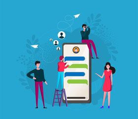 Mobile application development concept illustration with teamwork programmers and mobile phone