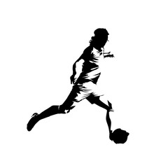 Soccer player kicking ball, isolated vector silhouette, ink drawing