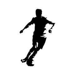Fototapeta na wymiar Soccer player running with ball, abstract isolated vector silhouette. Footballer ink drawing, comic style