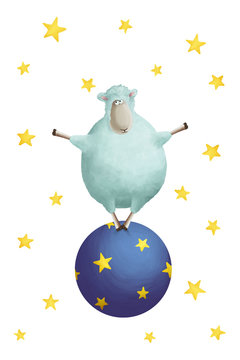 Cute funny sheep on circus starry. Positive clip art, illustrations on white background. Can be used for t- shirt prints, kids nursery wear fashion design, baby shower invitation card