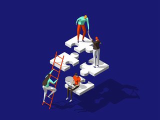 Teamwork concept with persons and puzzle elements. Team Metaphor. Template for web banner, landing page. Flat isometric vector illustration isolated on dark blue background. - 313075493