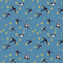 Beautiful seamless pattern with watercolor hand drawn stars and swallow birds. Starry sky. Stock Illustration.