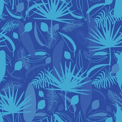 Fototapeta na wymiar Seamless pattern with exotic flowers paradise Strelitzia and tropical leaves classic blue background. Vector tropical stock illustration.African plant flower. Design textile, wallpaper, wrapping paper