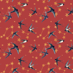 Beautiful seamless pattern with watercolor hand drawn stars and swallow birds. Starry sky. Stock Illustration.