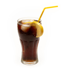 Very cold soda with ice and lemon on an isolated white background