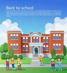 Fototapeta na wymiar Back to school. Happy school children in front of school. design template vector illustration