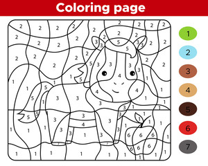 Color by numbers. Educational game for preschool children. Kawaii cartoon character - horse. Farm animals. Worksheet for kids.