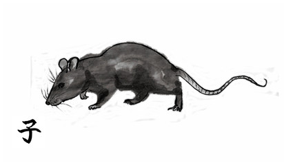 Rat walking and sniffing ground, sumi-e illustration. Oriental ink wash painting with Chinese hieroglyph "Rat". Cute animal, symbol of the eastern new year. 