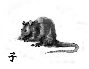 Rat holding food with front paws, sumi-e illustration. Oriental ink wash painting with Chinese hieroglyph "Rat". Symbol of the eastern new year. 