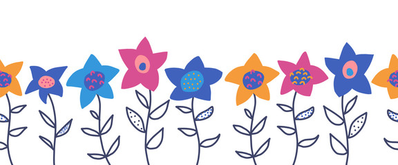 Doodle flowers seamless vector border. Cute florals and leaves pattern blue pink yellow orange. Hand drawn repeating flower meadow design for greeting cards, surface decoration, ribbons, fabric trim