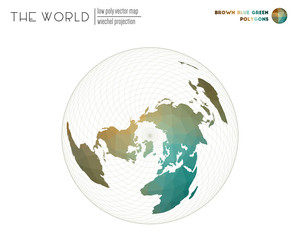 Polygonal map of the world. Wiechel projection of the world. Brown, Blue, Green colored polygons. Beautiful vector illustration.