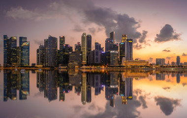 Central Business District, Singapore - Aug 2019 - CBD view Merlion from Marina By blue hour sunset lights