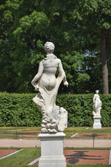 Horizontal view for the russian landmark Catherine Palace , outdoor park and sculpture art , garden , Rococo palace located in the town of Tsarskoye in St petersburg ,Pushkin Russia