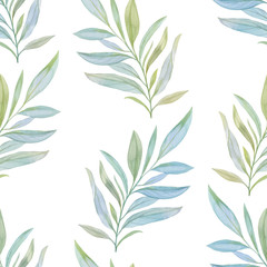 Fototapeta premium Birch branches with leaves on a white background. Seamless botanical pattern of watercolor leaves.