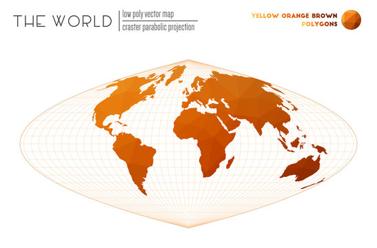 World map in polygonal style. Craster parabolic projection of the world. Yellow Orange Brown colored polygons. Contemporary vector illustration.