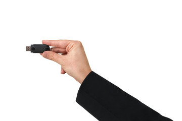 Black pen drive on hand with isolated white background