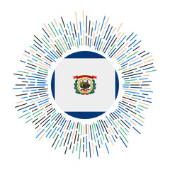 West Virginia sign. US state flag with colorful rays. Radiant sunburst with West Virginia flag. Vector illustration.