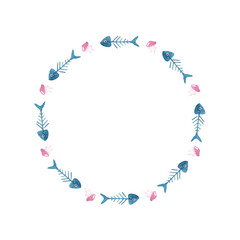 Round frame of watercolor blue skeletons of fish and jellyfish on a white background. Use for invitations, birthdays, menus.