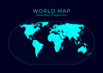 Map of The World. Robinson projection. Futuristic Infographic world illustration. Bright cyan colors on dark background. Vibrant vector illustration. - obrazy, fototapety, plakaty