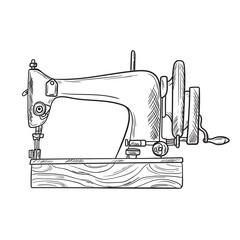 hand drawn illustration of the vintage sewing machine. isolated on white background. Side view.