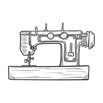 hand drawn illustration of the vintage sewing machine. isolated on white background. Side view.