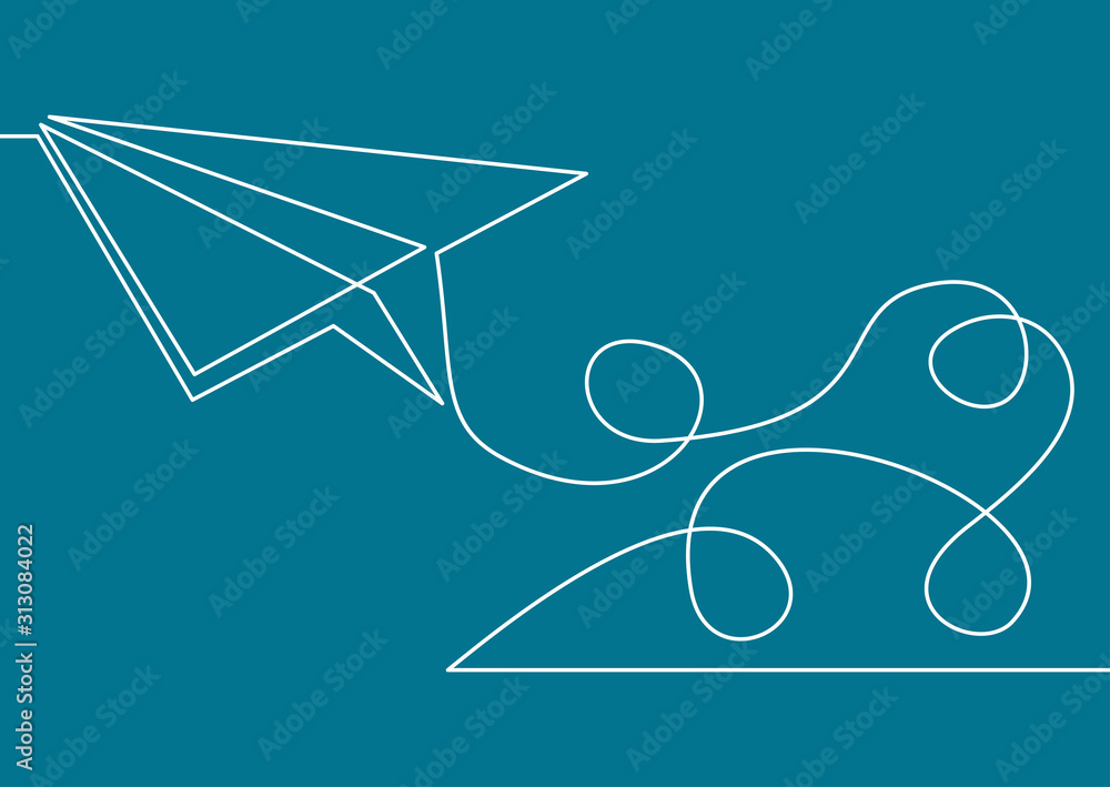 Aufkleber continuous one line drawing of isolated vector object paper airplane is flying