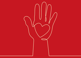 Hand with heart. Raised hands volunteering vector concept one line