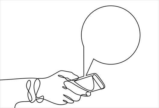 Hand holding smartphone with text message on screen and speech bubble. Phone with chat or messenger notification. Instant messaging service, chatting-Vector continuous line. 