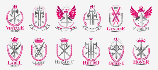 Weapon emblems vector emblems big set, heraldic design elements collection, classic style heraldry armory symbols, antique knives armory arsenal compositions.