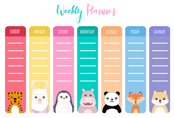 Cute weekly planner animal vector hand drawn for kid