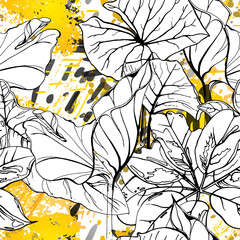 Fototapeta premium Floral Black and White Trends Artistic Watercolor.