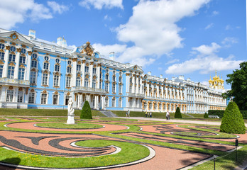 view for the russian landmark Catherine royal gold Palace and outdoor park and garden , Rococo...