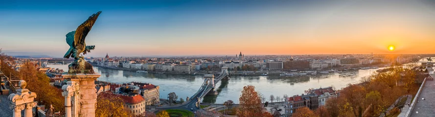 Wall murals Széchenyi Chain Bridge Budapest, Hungary - Aerial panoramic view of Budapest, taken from Buda Castle Royal Palace at autumn sunrise. Szechenyi Chain Bridge, River Danube, Parliament and St. Stephen's Basilica at background