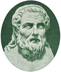 Hesiod portrait on old Greece 50 drachma (1939), isolated on white background. Genius ancient greek...