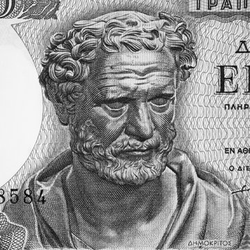 Democritus portrait on 100 Greece drachma (1967) banknote close up. Genius ancient Greek philosopher. Author of atomic theory of the universe. Black and white