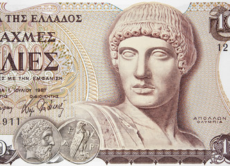 God Apollo on old Greece 1000 drachma (1987) banknote, vintage retro engraving. Apollon of Olympia...